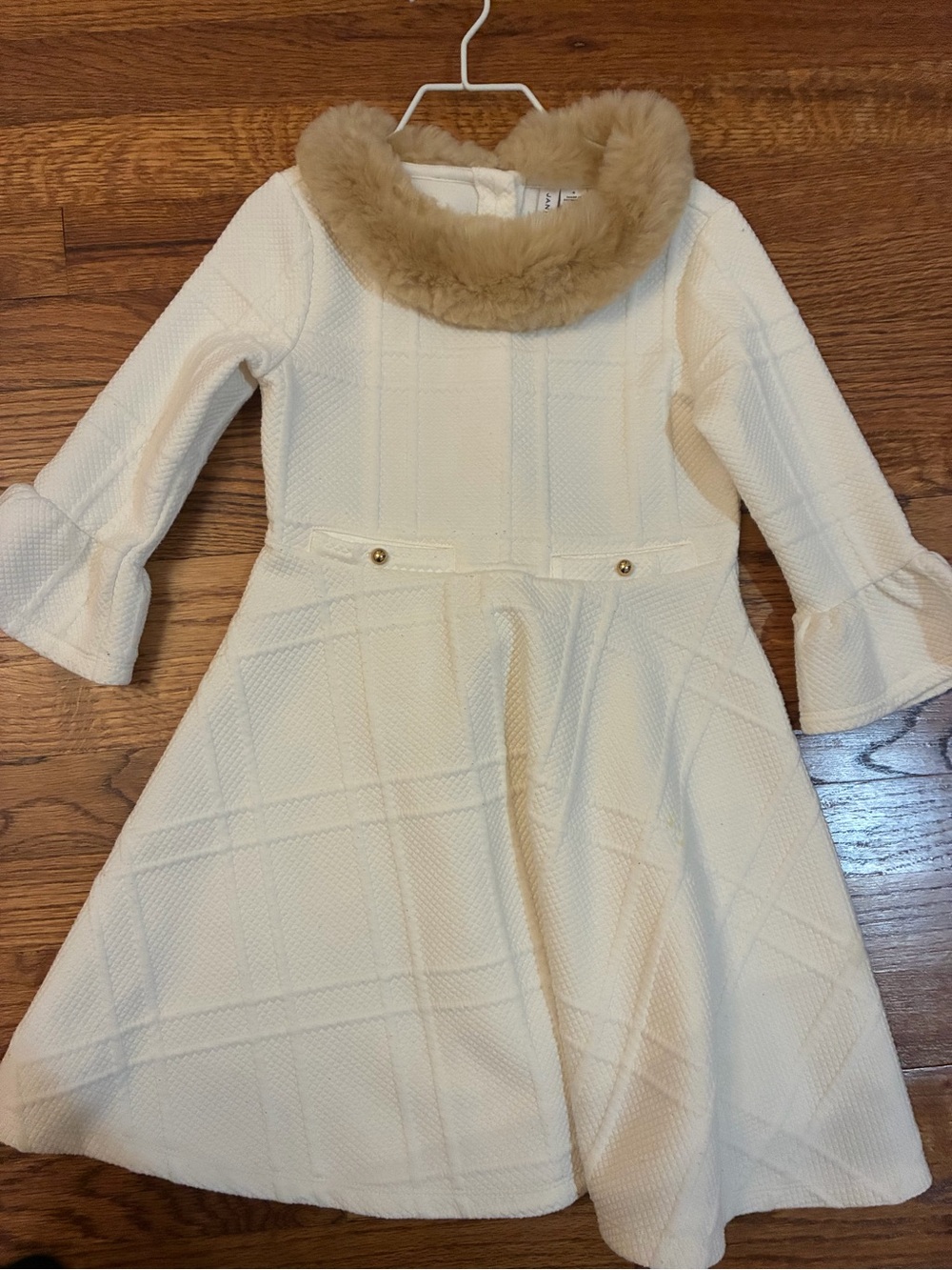 Janie and Jack Cream Textured Dress with Faux Fur Collar